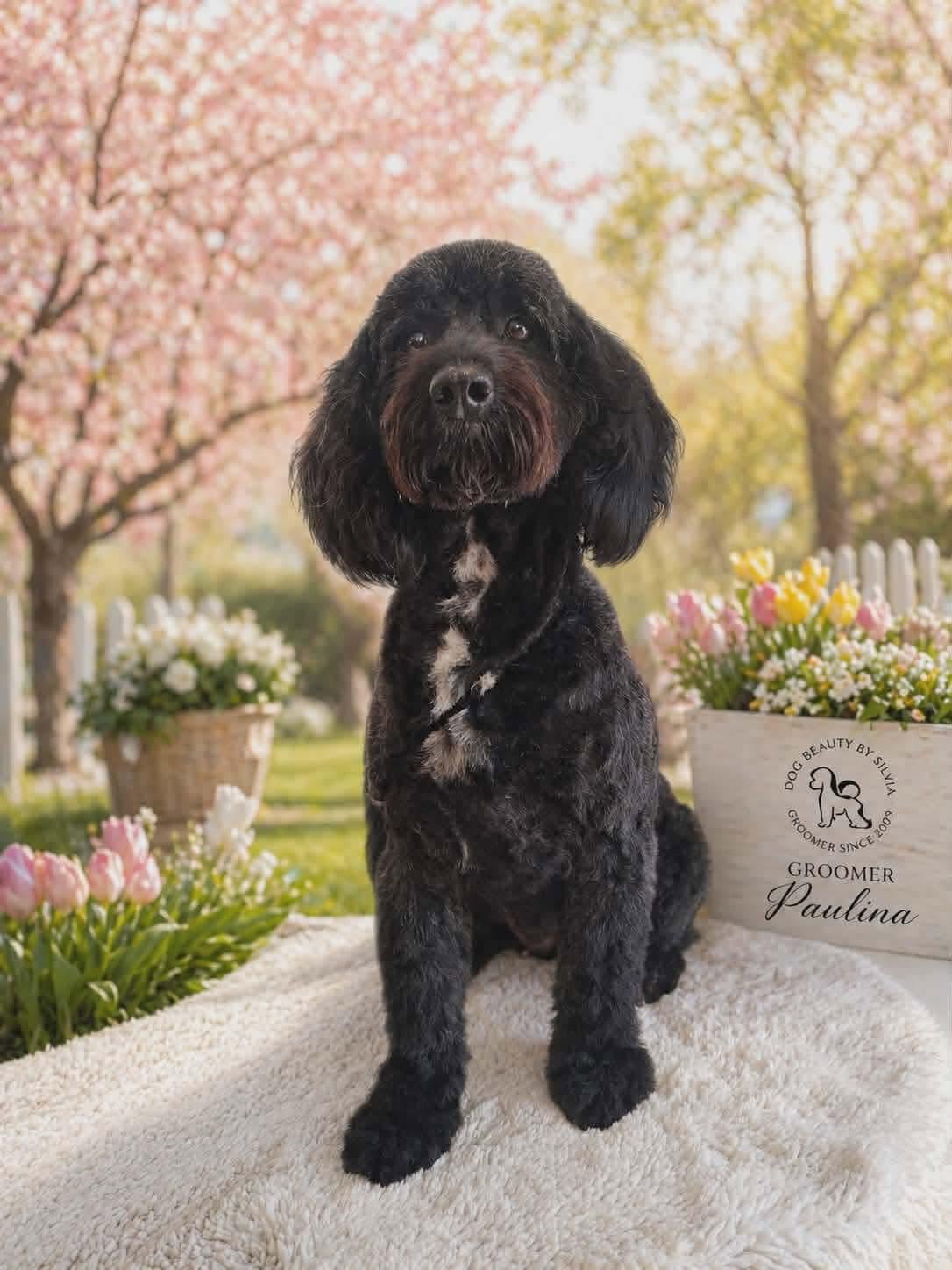 Black cockapoo styled under cherry blossom by Paulina