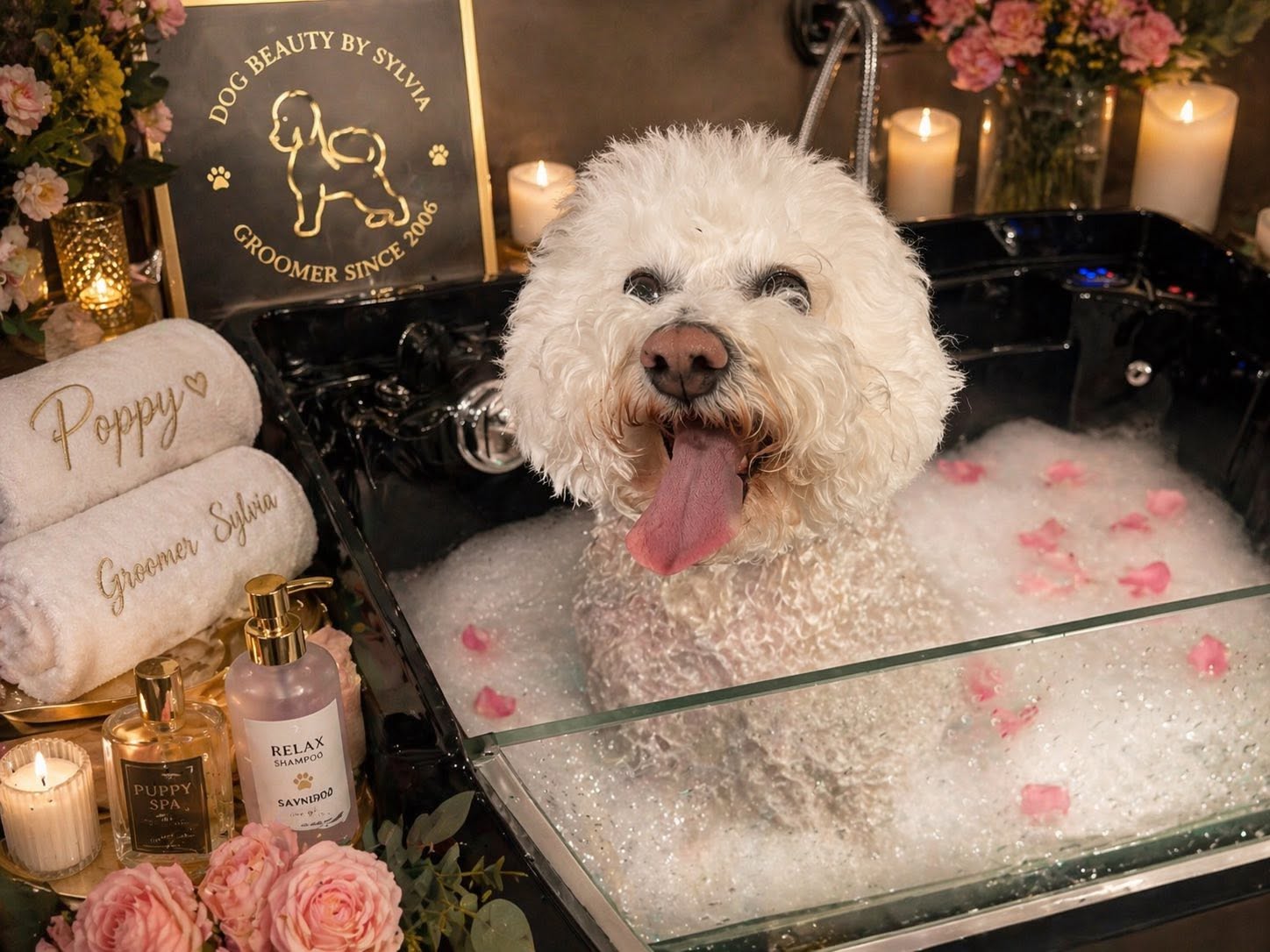 White poodle enjoying a luxury bubble spa bath with Sylvia