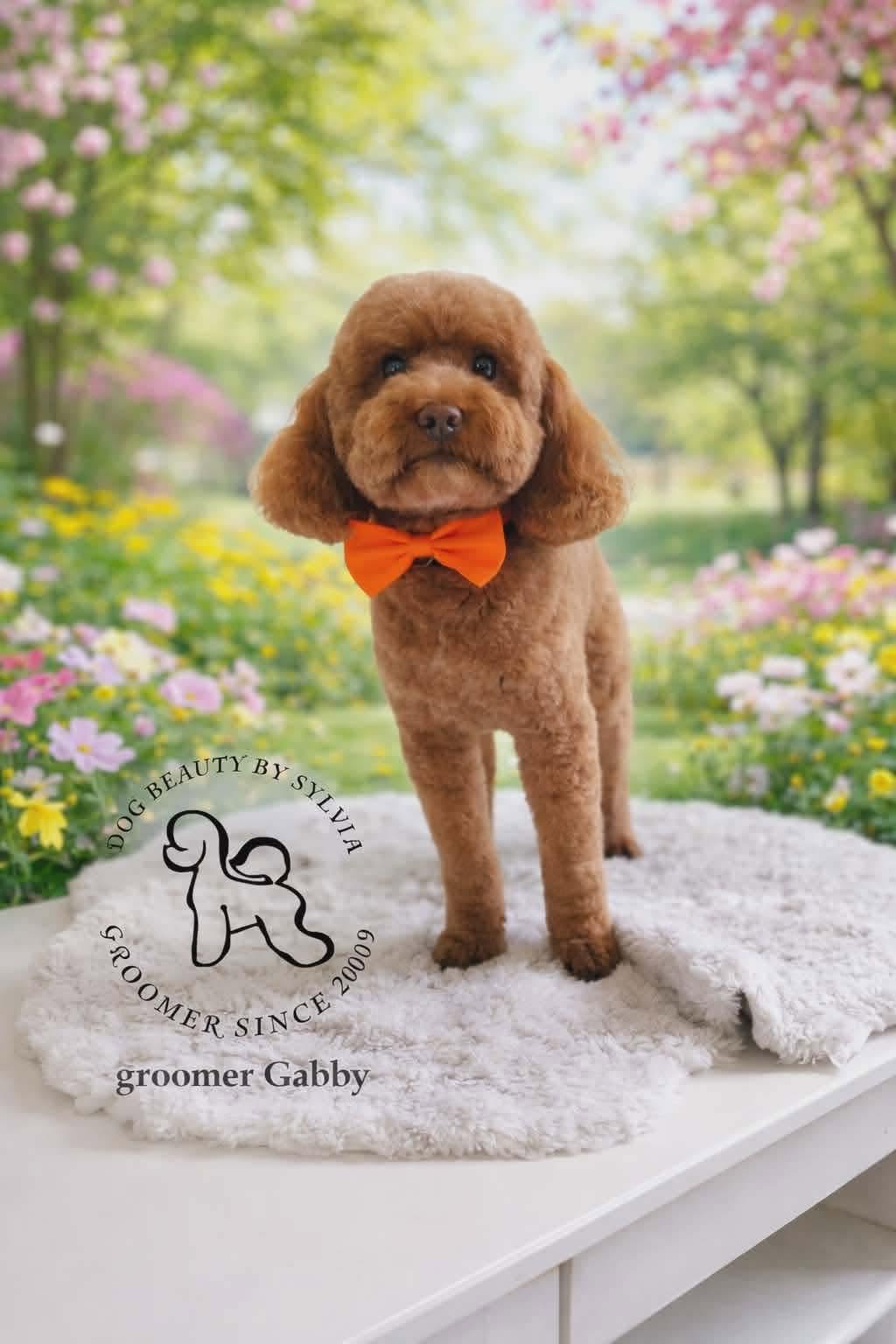 Red toy poodle with an orange bow tie, groomed by Gabby