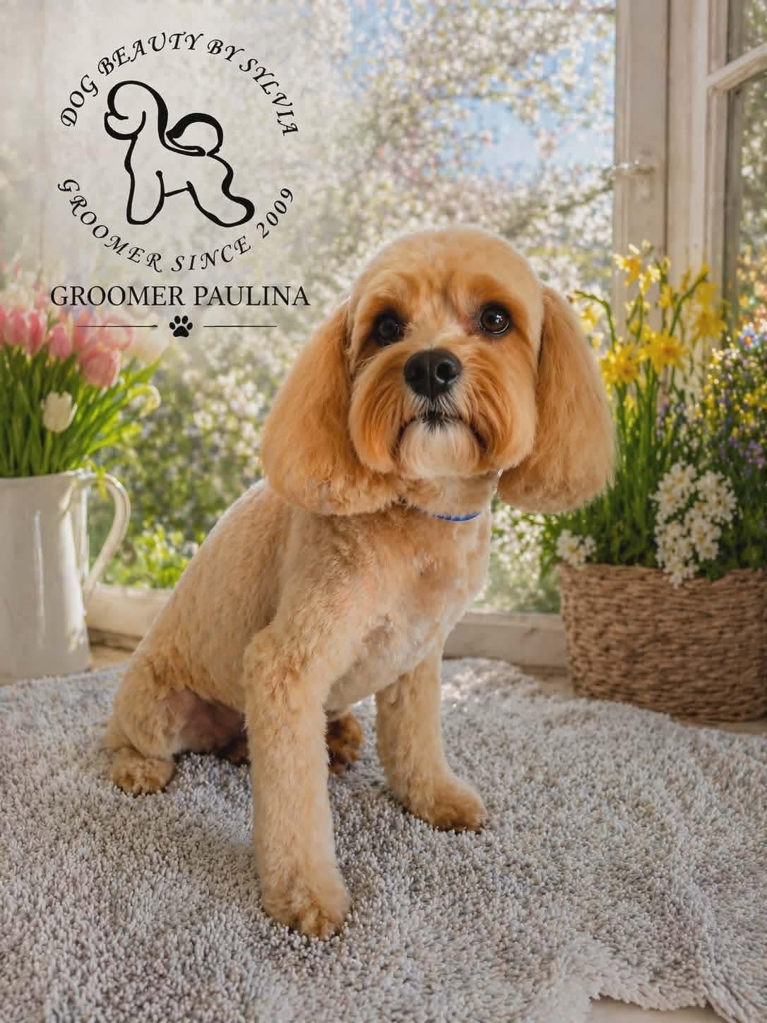 Red cockapoo styled with a full spring groom by Paulina