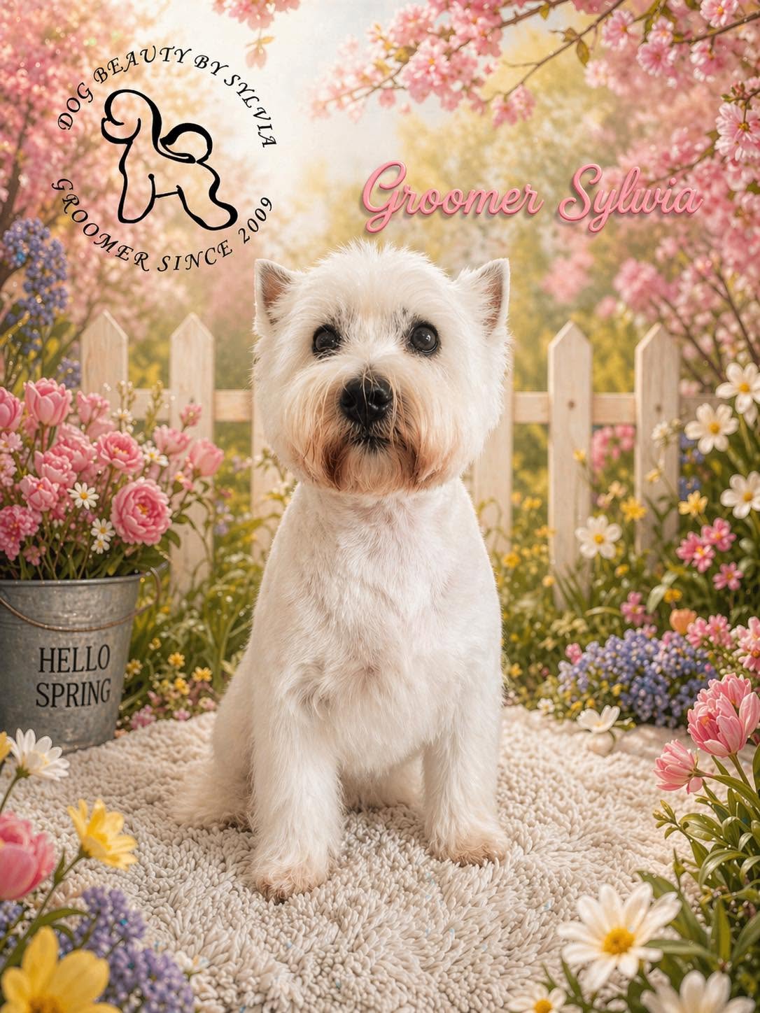 West Highland White Terrier in a spring flower setting, groomed by Sylvia