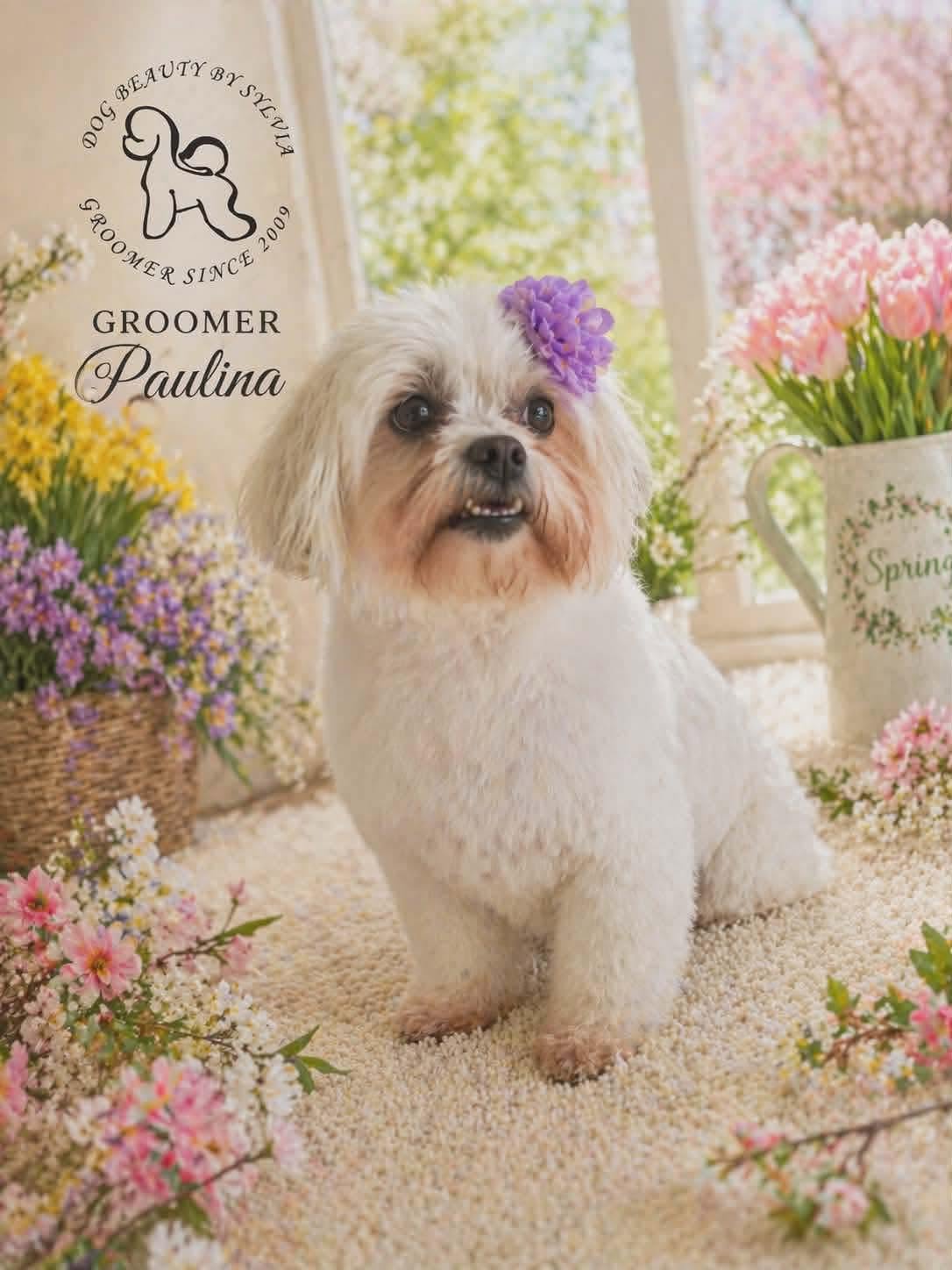 White Maltese with a purple hair flower after a spring groom by Paulina