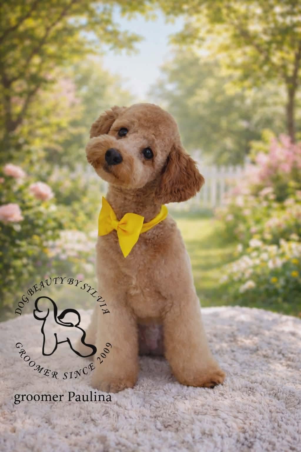 Apricot toy poodle with a yellow bow tie, groomed by Paulina