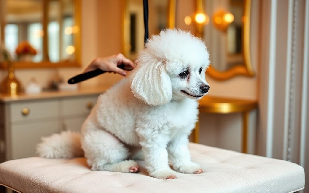 White poodle being gently brushed on a cream grooming table in a gold-lit salon
