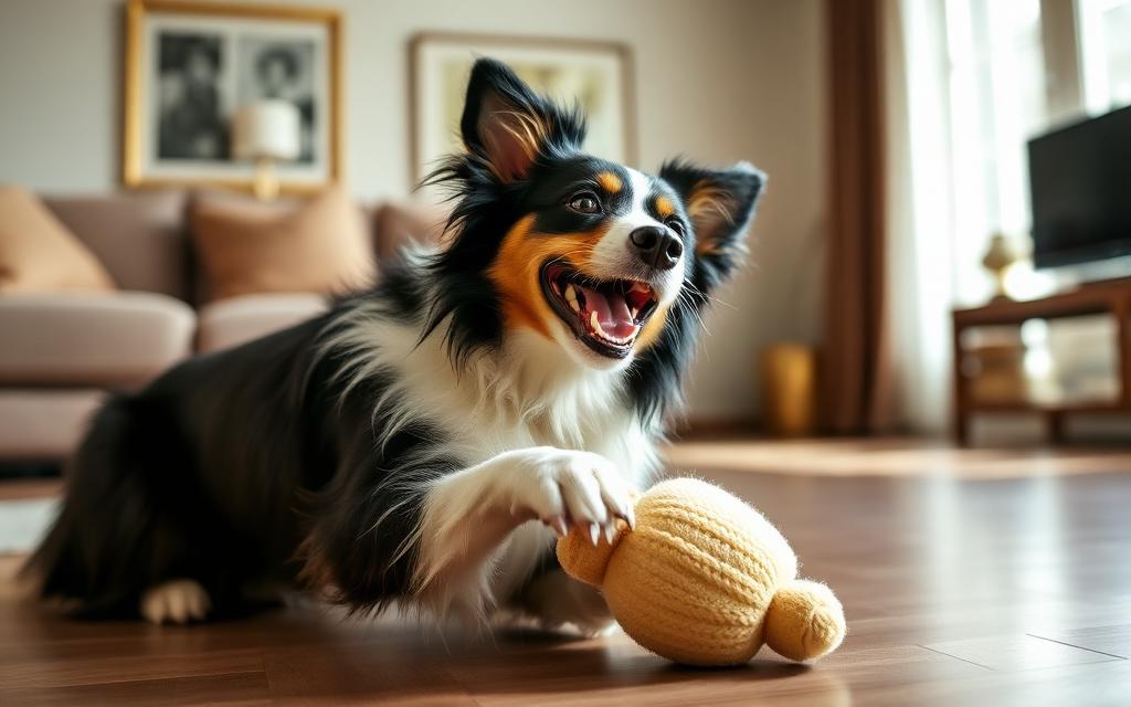Happy border collie playing with a soft toy at home