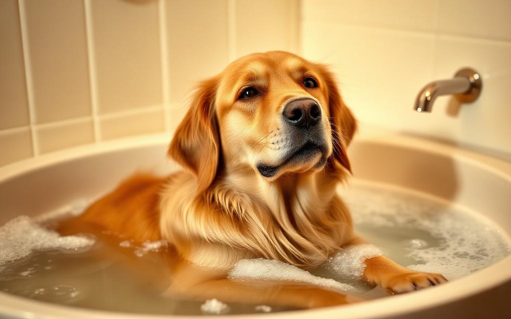 Golden retriever relaxing in a soothing bath at a luxury dog spa